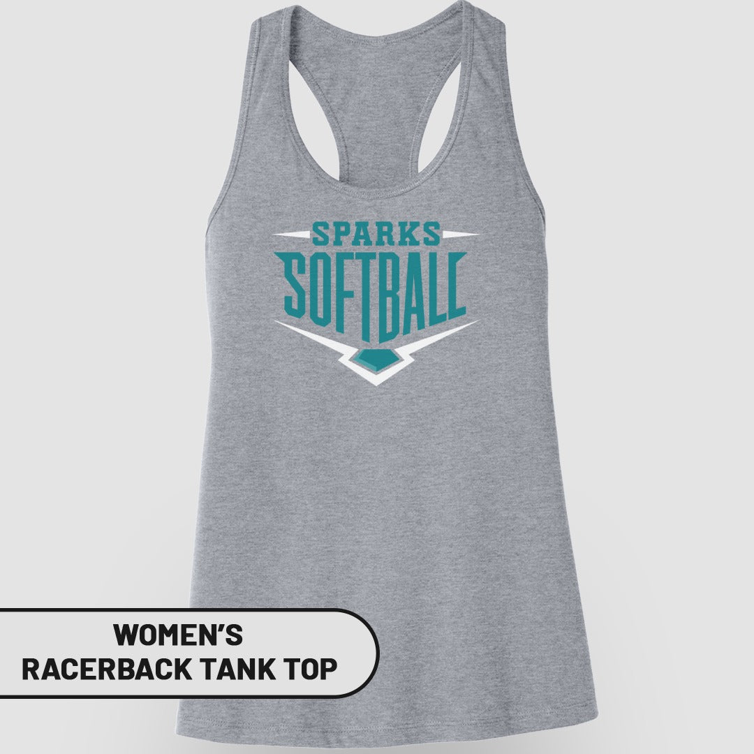 Gray women's racerback tank top with "Sparks Softball" logo.