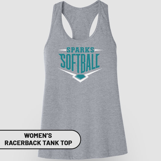 Gray women's racerback tank top with "Sparks Softball" logo.