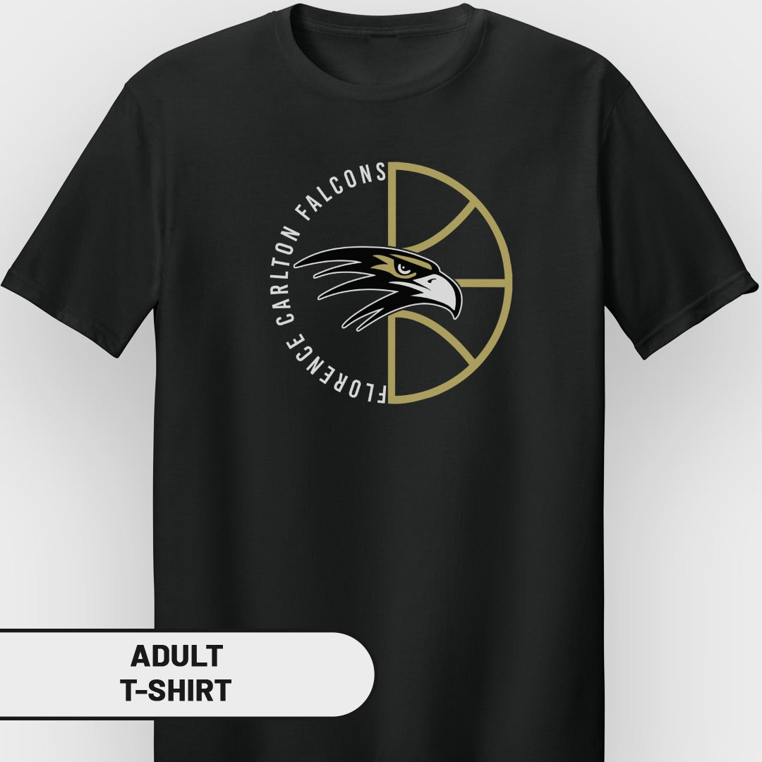 Black t-shirt with a circular logo featuring a falcon head and "Florence Carlton Falcons" text.