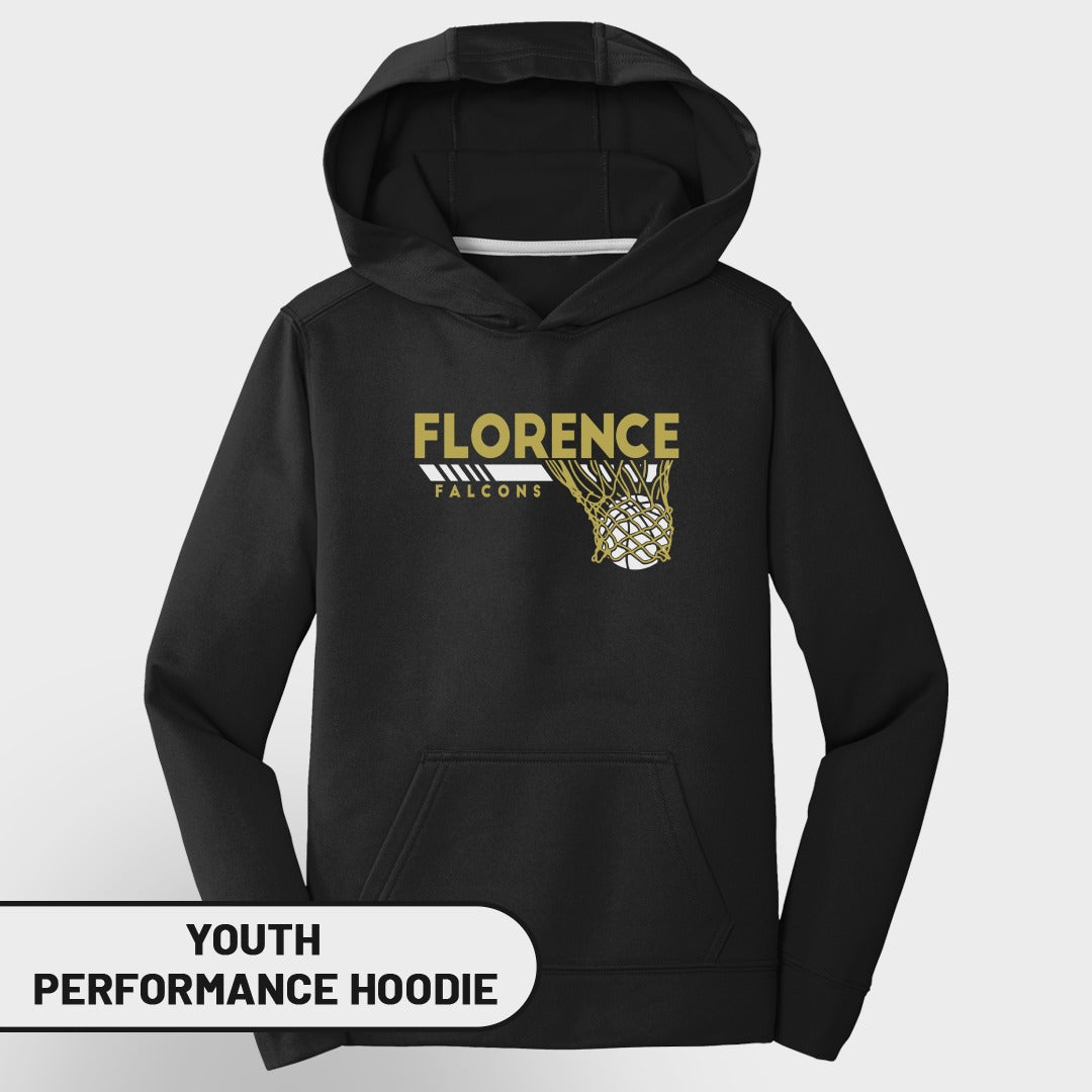 Black youth performance hoodie with Florence Falcons basketball graphic.