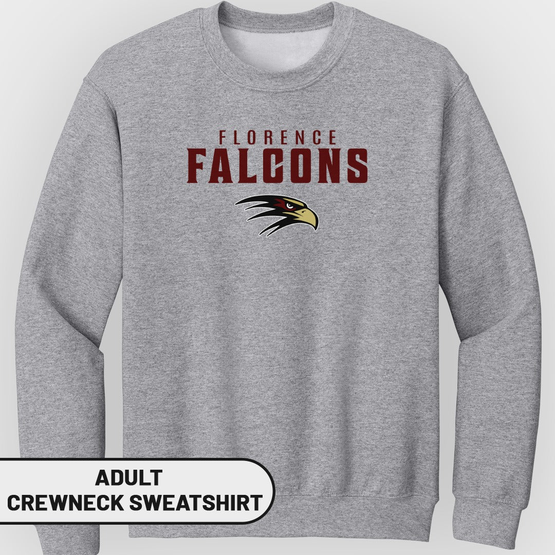 Grey adult crewneck sweatshirt with "Florence Falcons" text and eagle logo.