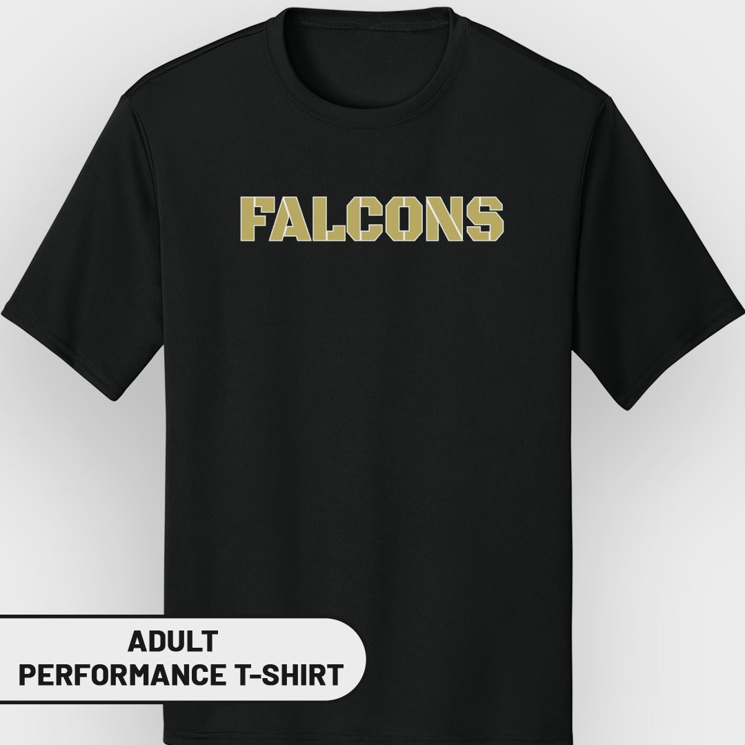 Black adult performance t-shirt with "FALCONS" in gold varsity lettering.