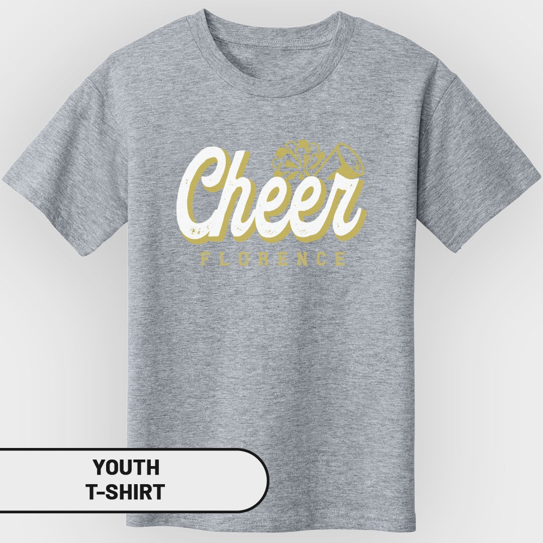 Youth grey t-shirt with "Cheer" and "Florence" graphic.