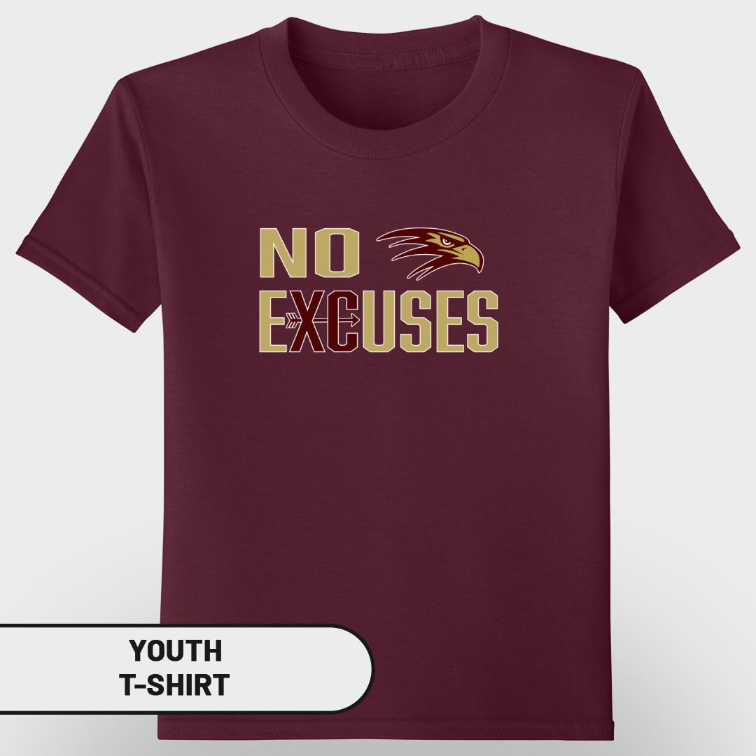 Maroon youth t-shirt with "NO EXCUSES" text and eagle graphic.