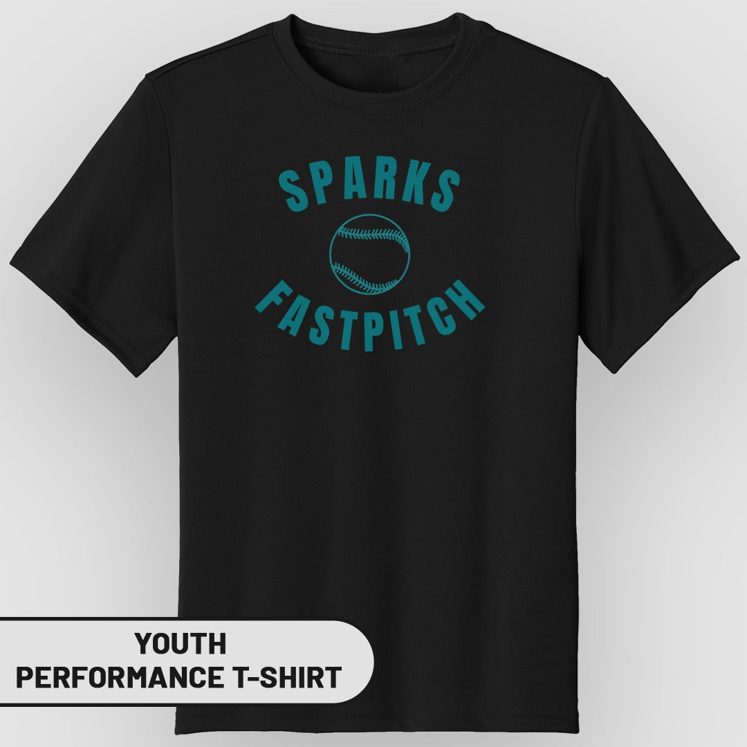 Black youth performance t-shirt with teal "SPARKS FASTPITCH" logo and baseball graphic.