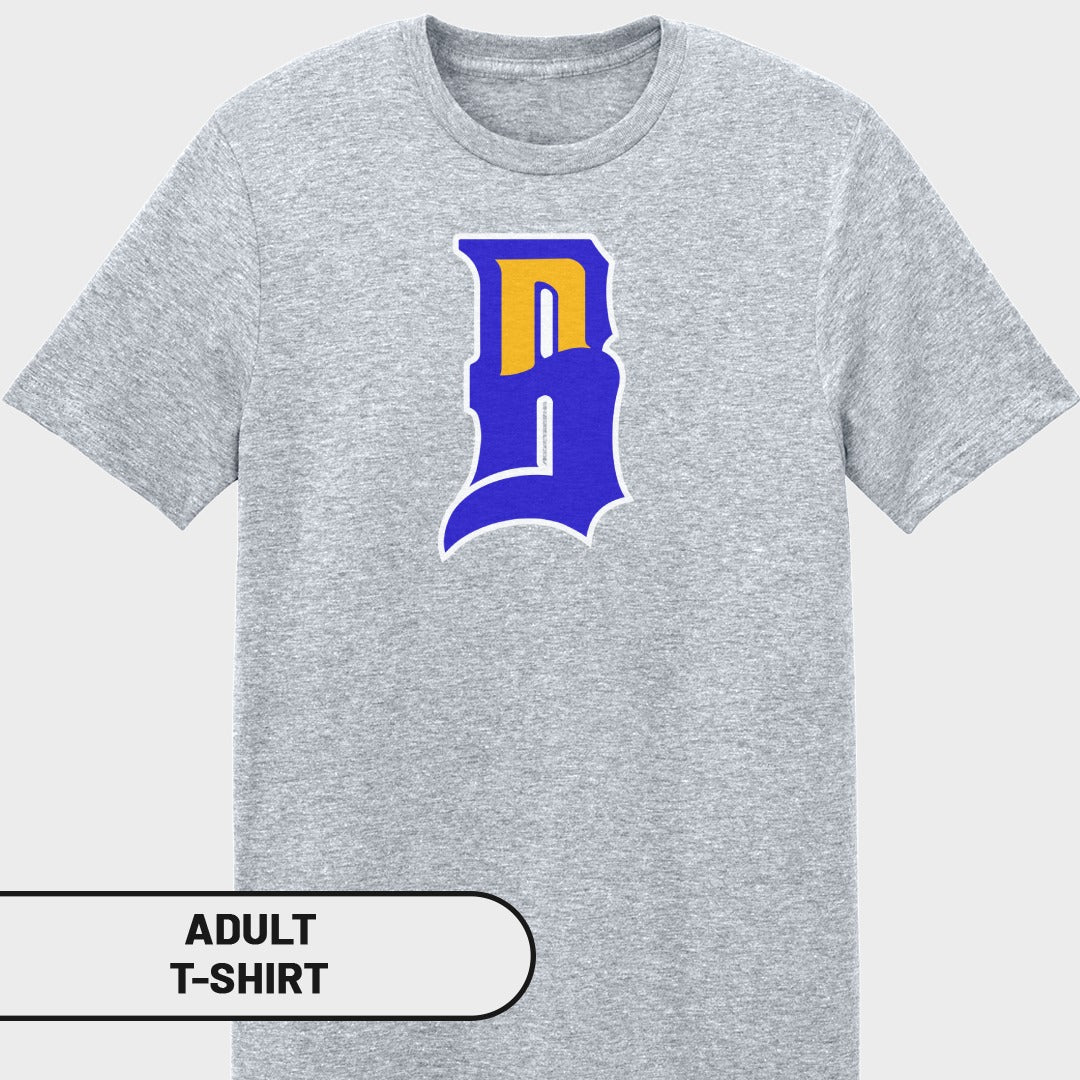 Grey adult t-shirt with a blue and yellow 'D' logo.