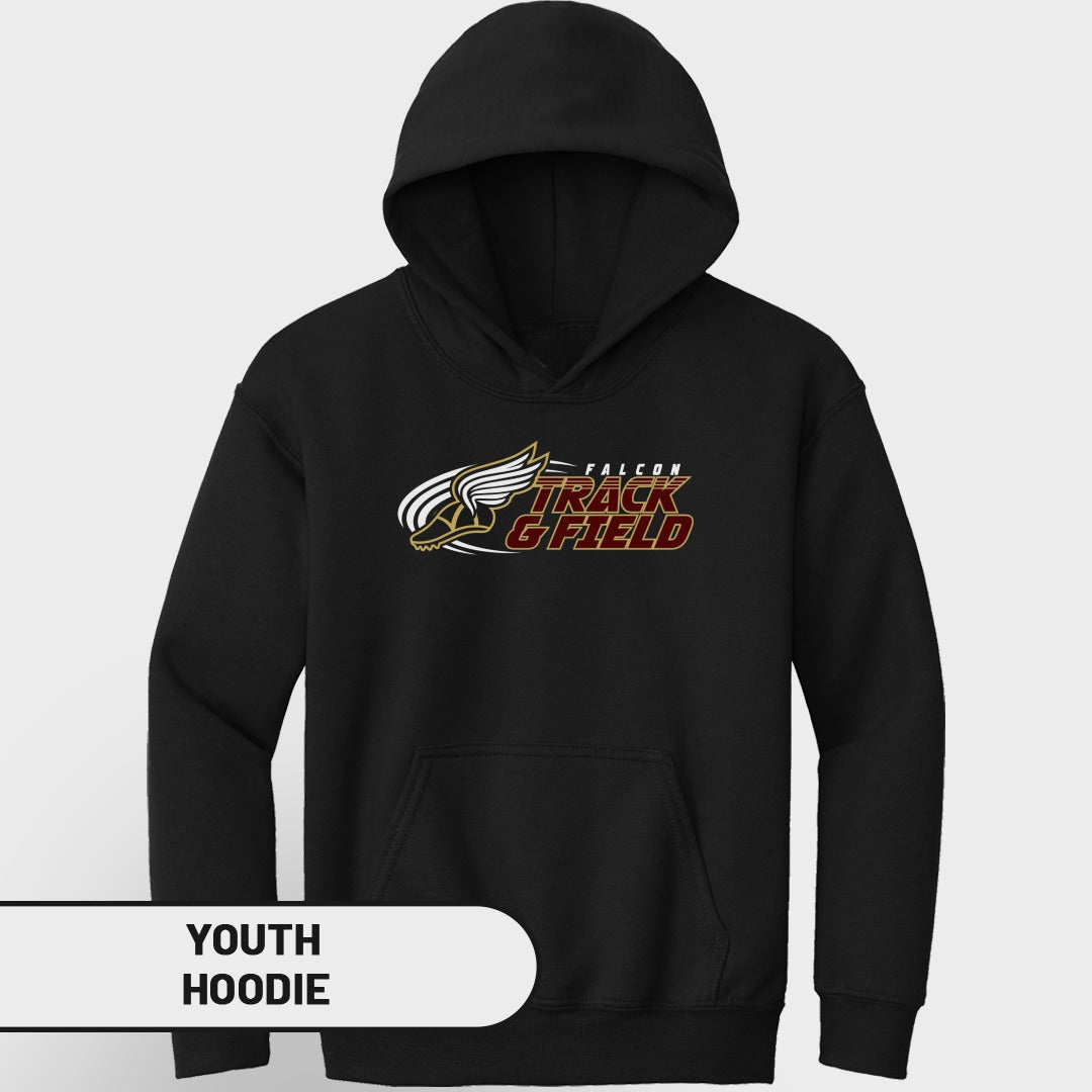 Black youth hoodie with "Falcon Track & Field" text and winged running shoe graphic.