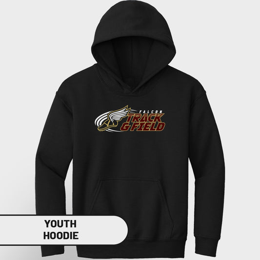 Black youth hoodie with "Falcon Track & Field" text and winged running shoe graphic.