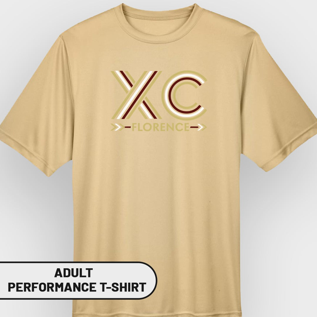 Tan adult performance t-shirt with "XC-FLORENCE" graphic.