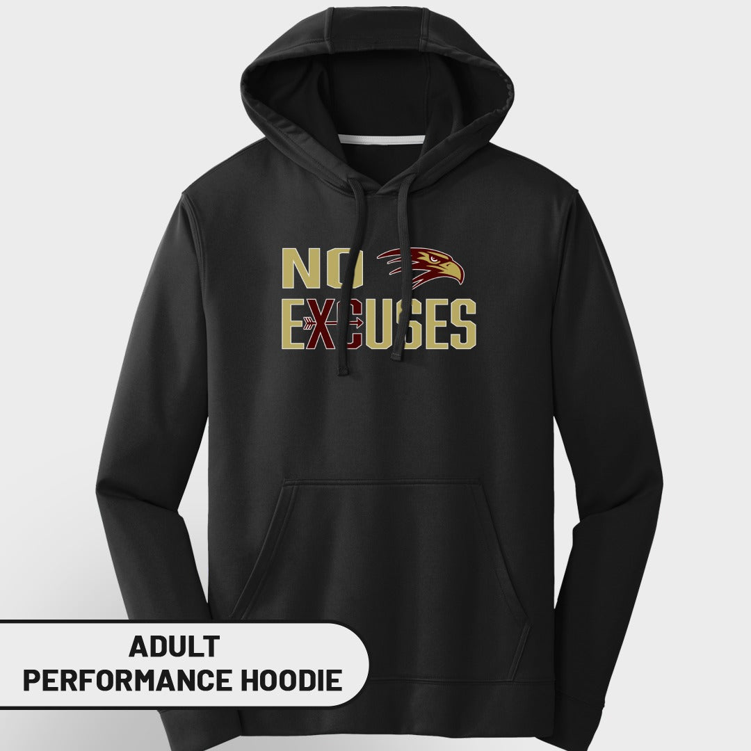 Black adult performance hoodie with "NO EXCUSES" text and eagle graphic.