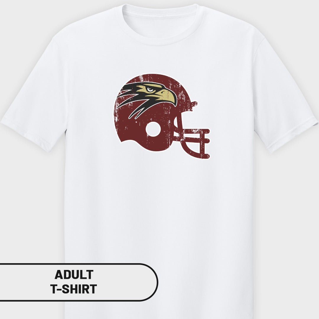 White adult t-shirt with distressed maroon football helmet featuring an eagle logo.