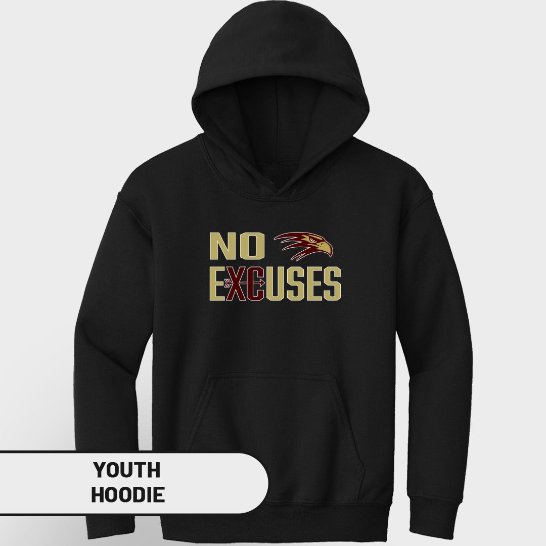Black youth hoodie with "NO EXCUSES" text and eagle logo.