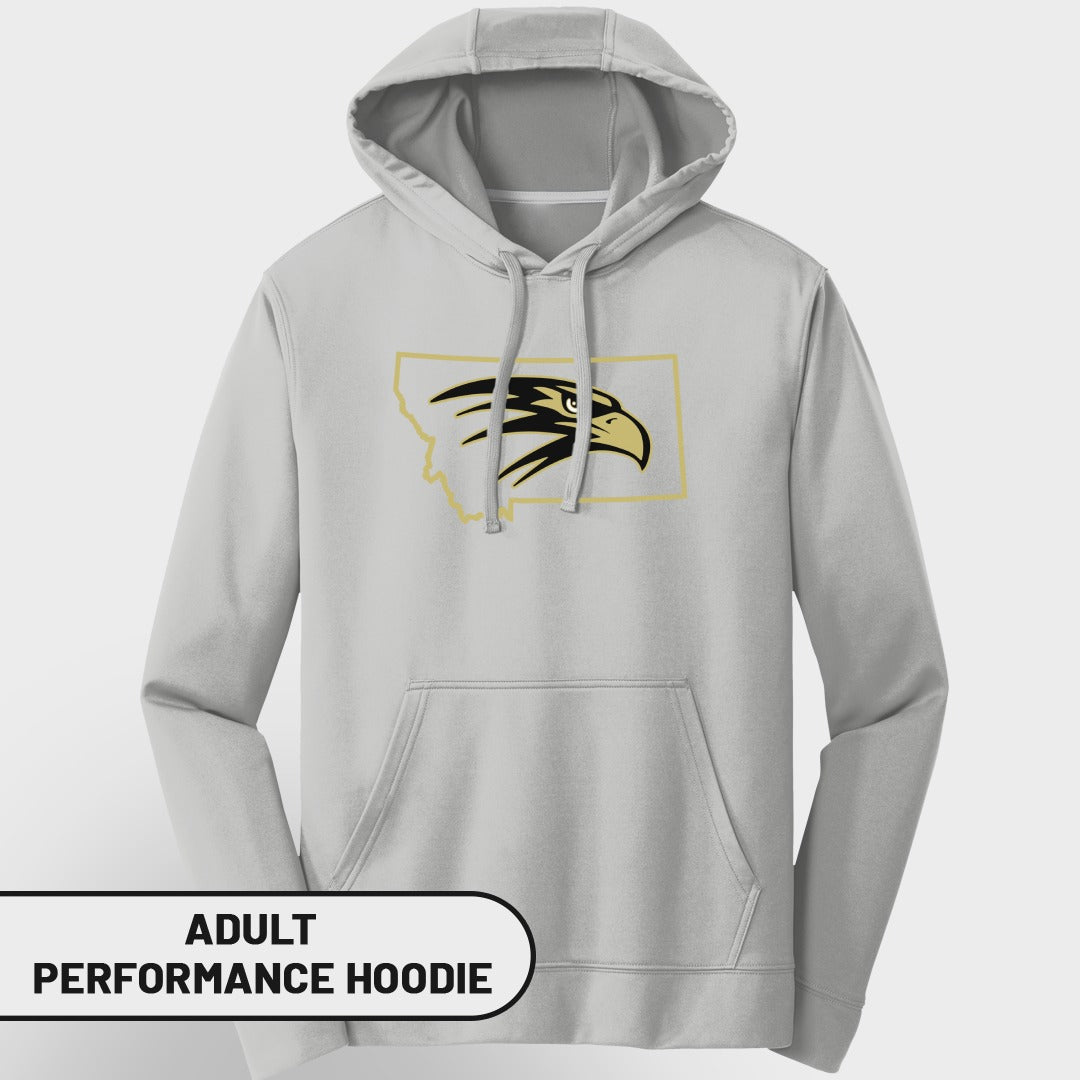 Light grey adult performance hoodie with Montana outline and eagle graphic.