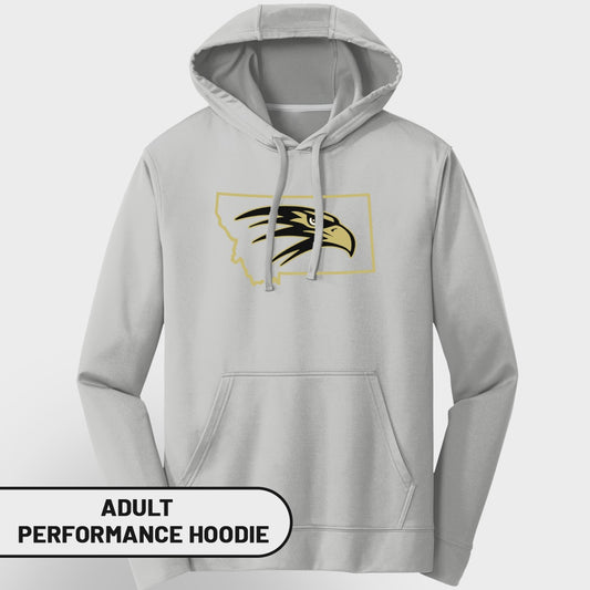 Light grey adult performance hoodie with Montana outline and eagle graphic.
