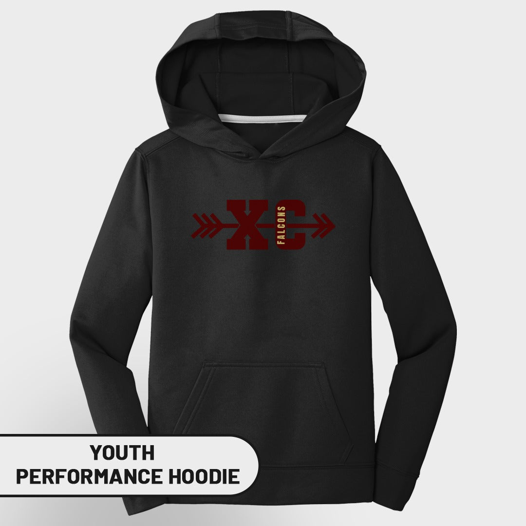 Black youth performance hoodie with maroon XC Falcons logo.