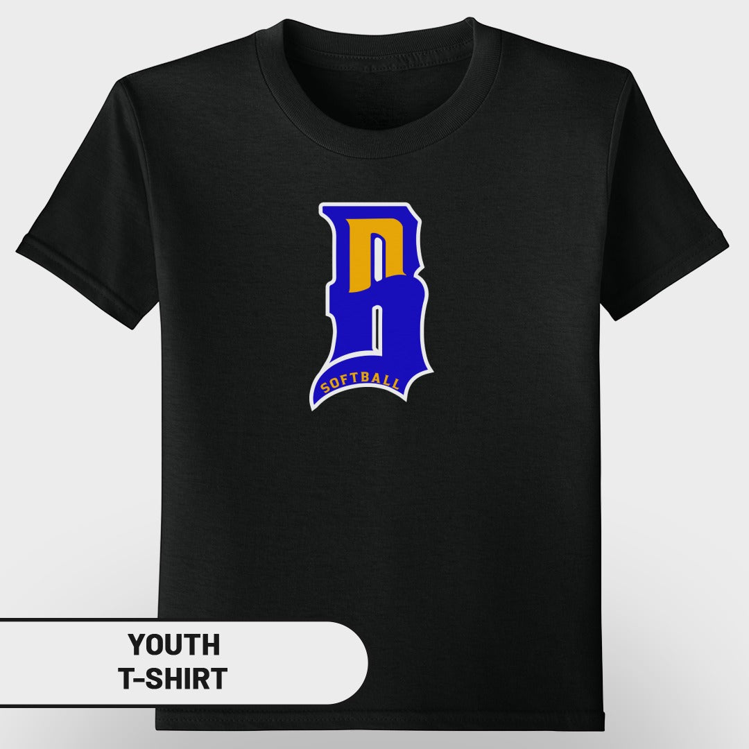 Black youth t-shirt with blue and yellow "D Softball" logo.