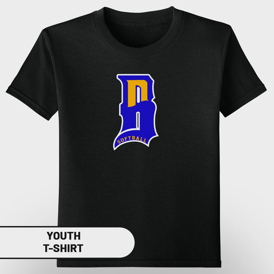 Black youth t-shirt with blue and yellow "D Softball" logo.