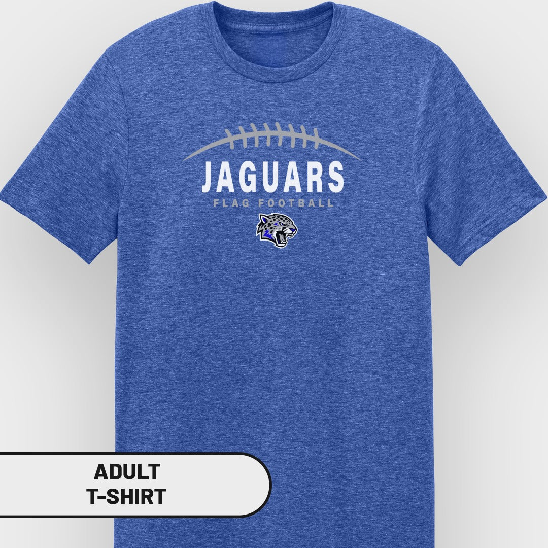 Blue adult t-shirt with Jaguars flag football logo and jaguar mascot.