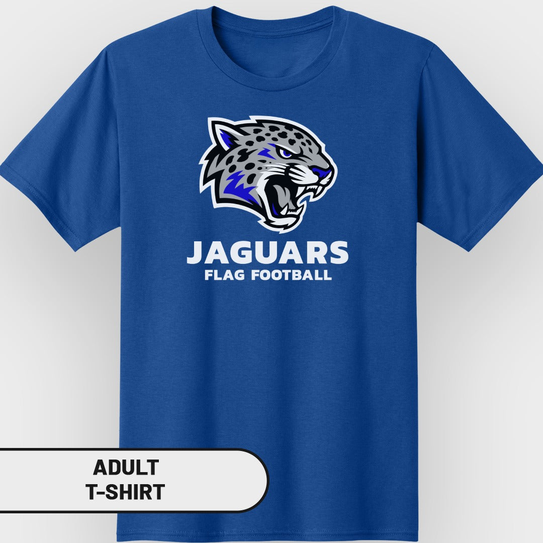 Blue adult t-shirt with Jaguars flag football logo and text.