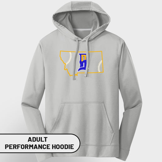 Grey adult performance hoodie with Montana outline and baseball "D" logo.