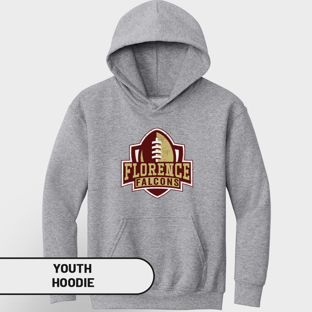 Grey youth hoodie with Florence Falcons football logo on chest.