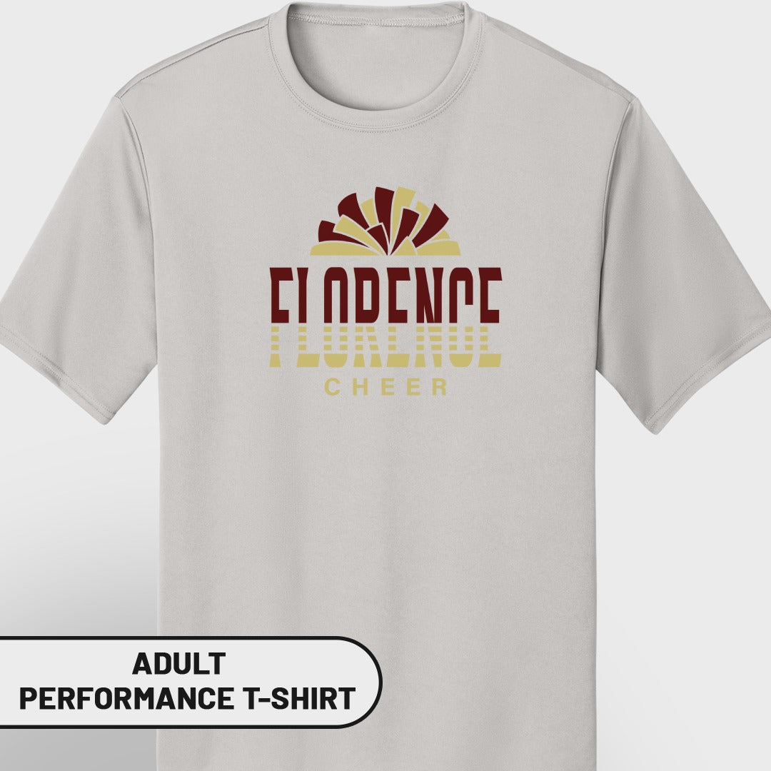 Light grey adult performance t-shirt with "Florence Cheer" text and a maroon and gold graphic.