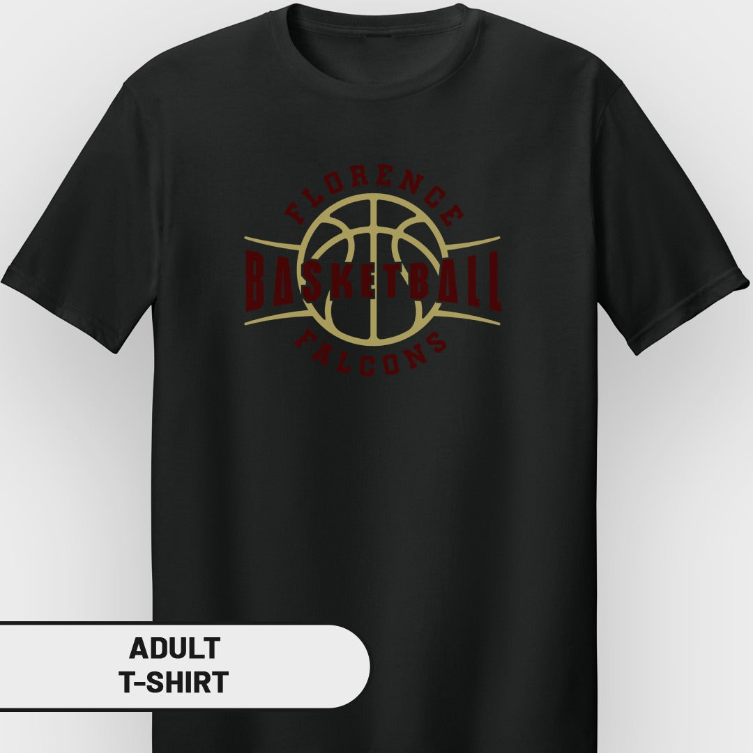 Black t-shirt with "Florence Basketball Falcons" text and basketball graphic.