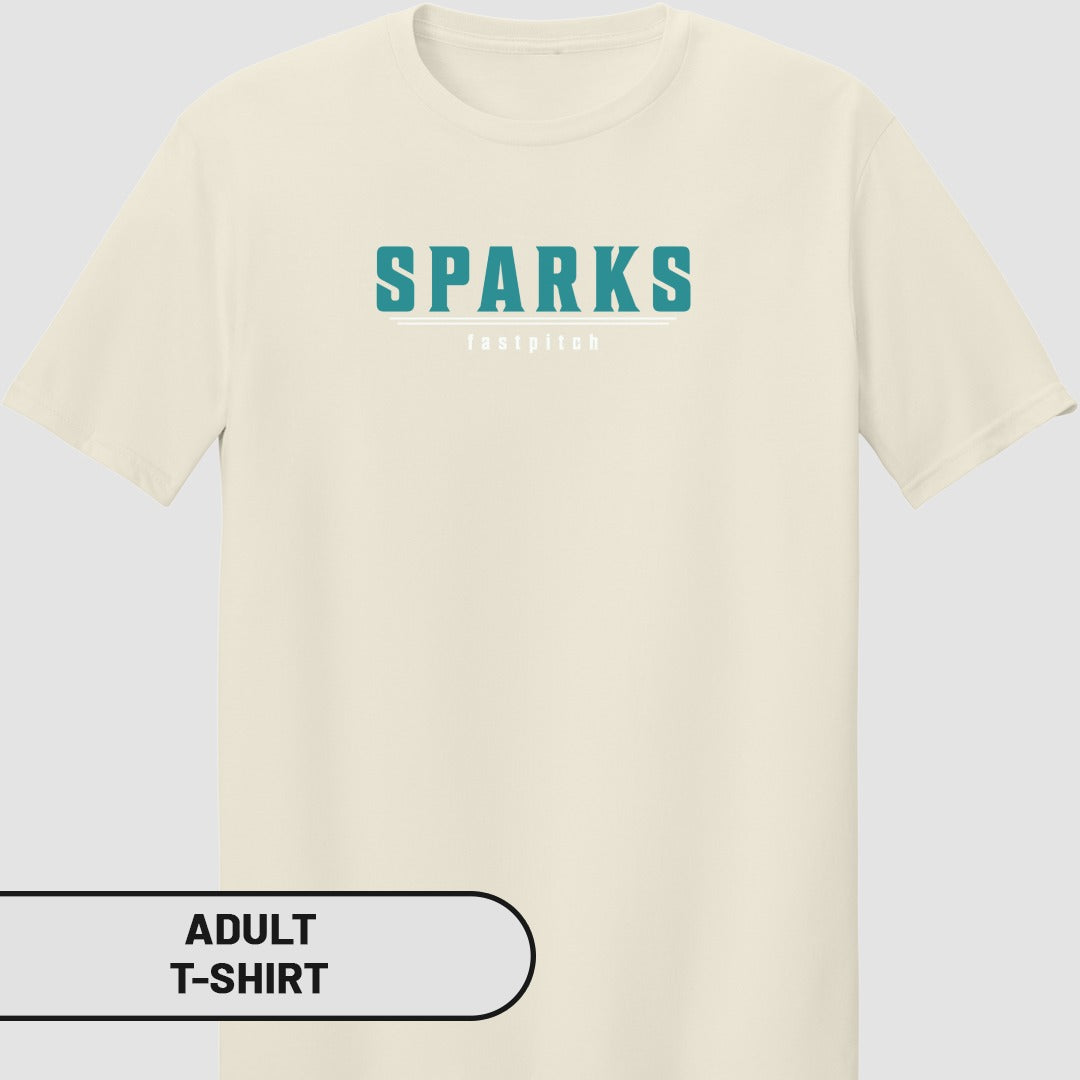 Cream adult t-shirt with "SPARKS fastpitch" text logo.