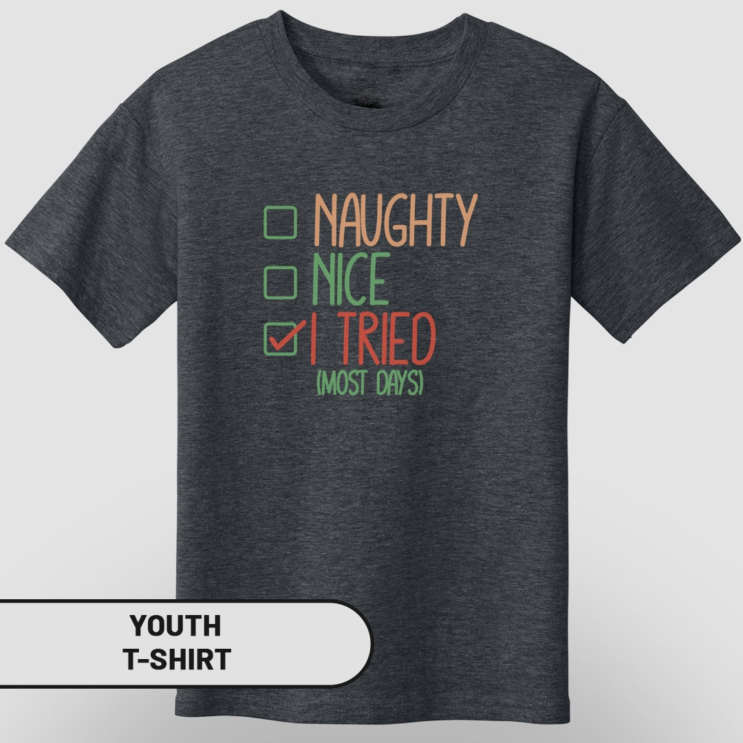 Naughty Nice I Tried Most Days youth t-shirt