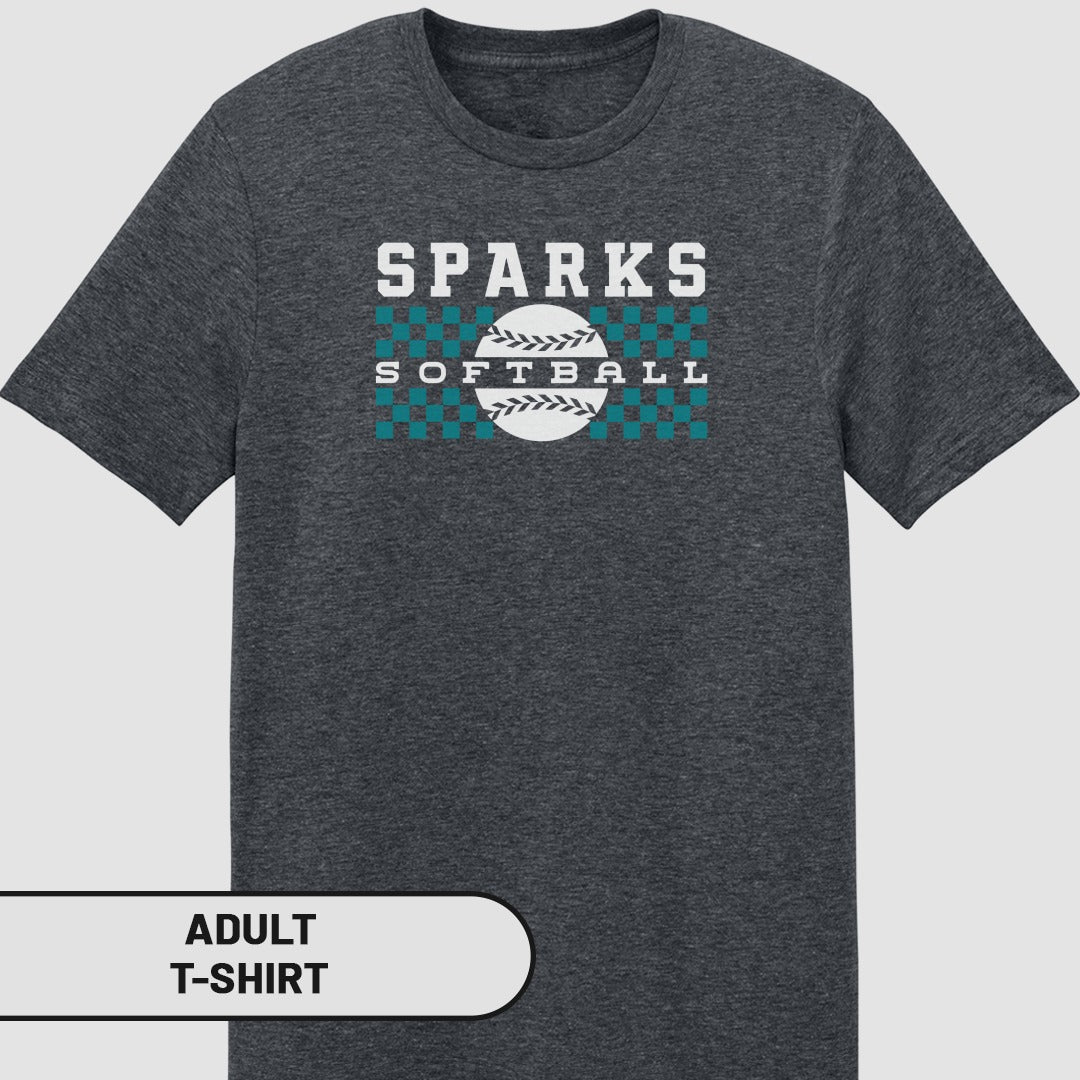 Dark t-shirt with "SPARKS SOFTBALL" in white and teal checkered squares.
