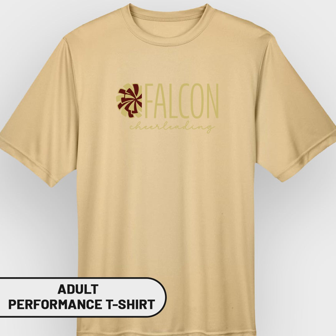 Tan adult performance t-shirt with "FALCON cheerleading" graphic.
