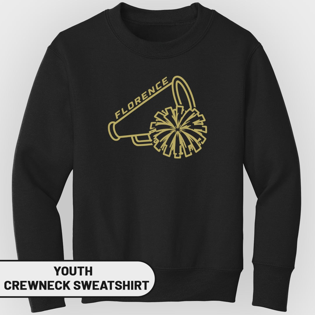 Black youth crewneck sweatshirt with gold megaphone and pom-pom graphic with "FLORENCE" text.