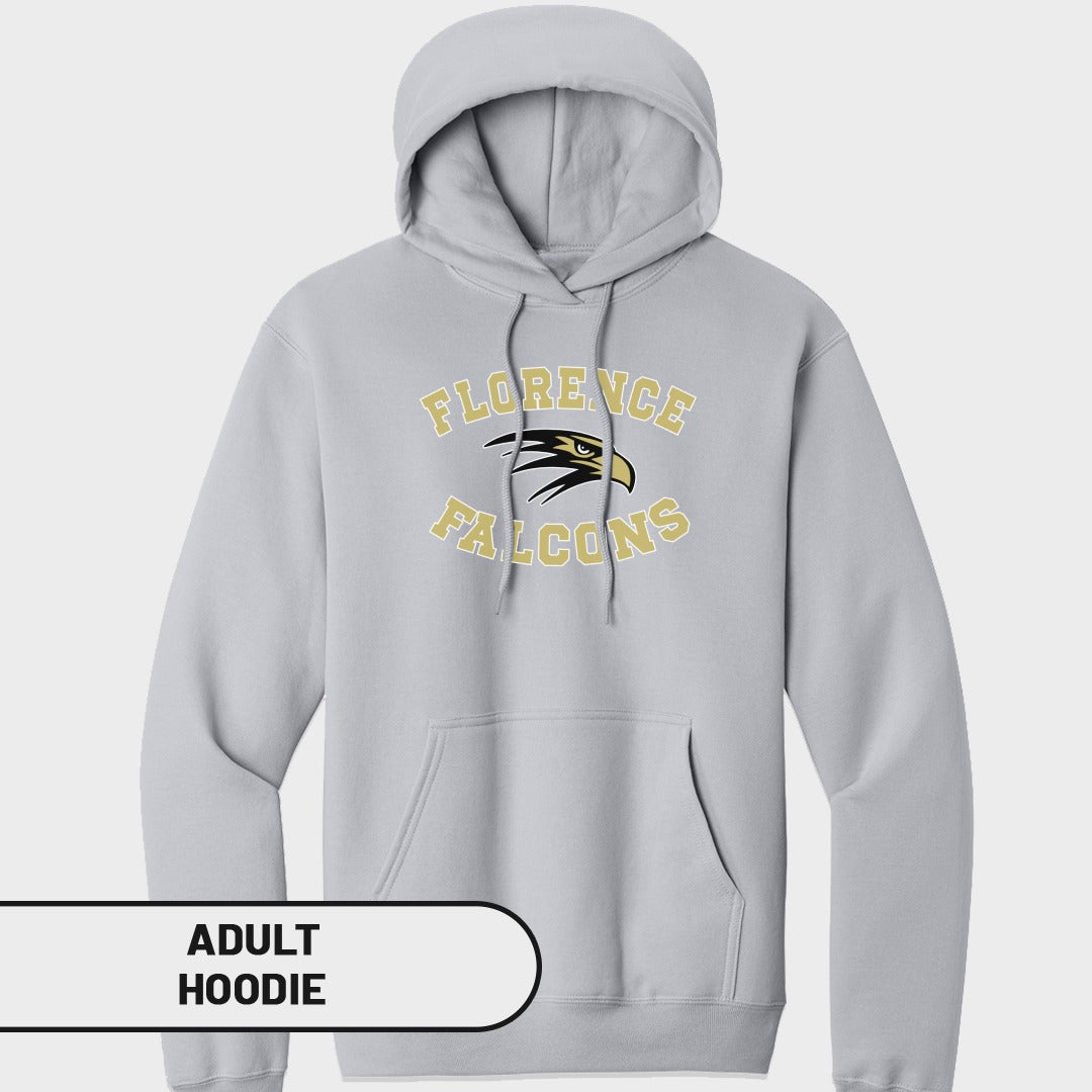Light gray adult hoodie with "Florence Falcons" text and eagle logo.