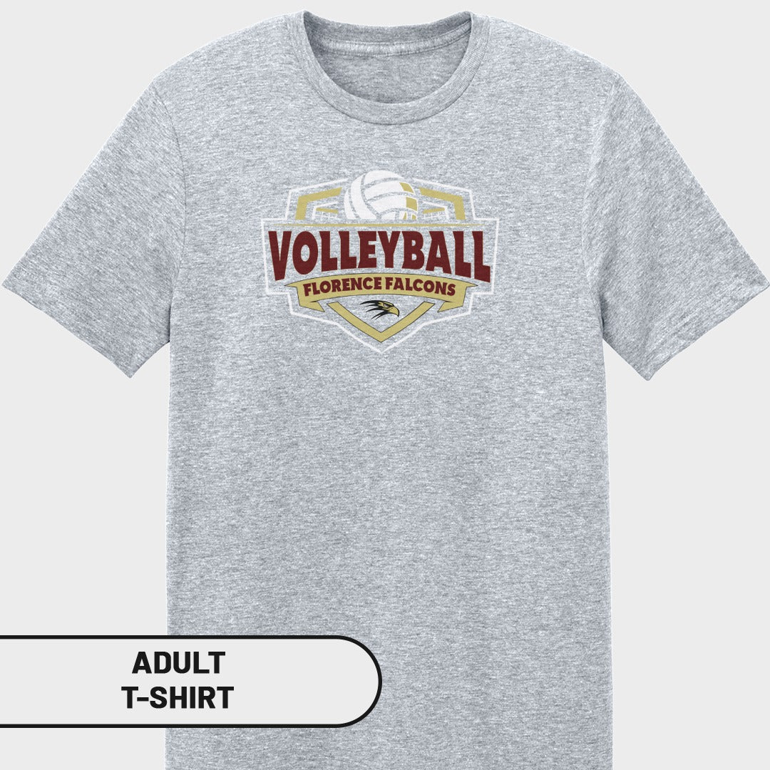 Grey t-shirt with Volleyball Florence Falcons logo and a volleyball graphic.
