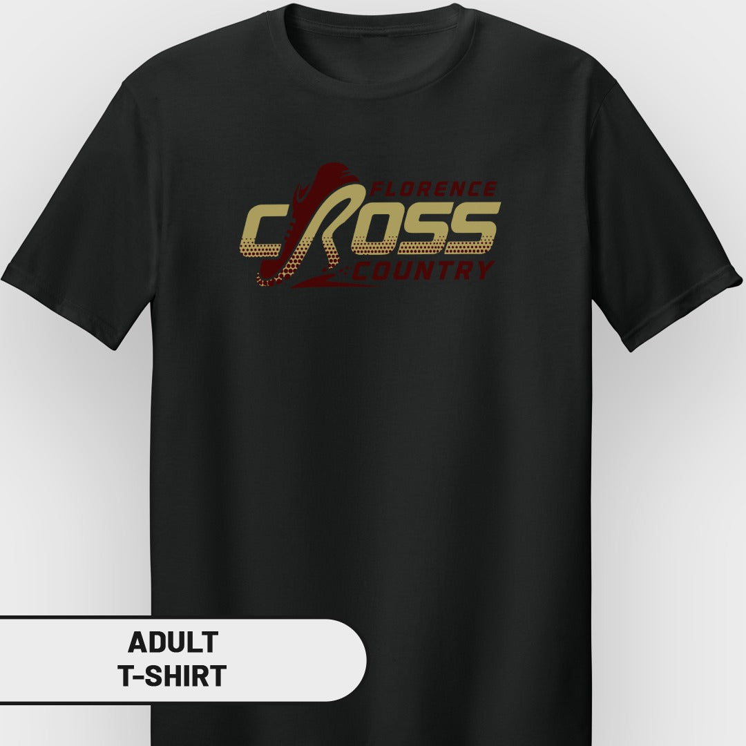 Black adult t-shirt with Florence Cross Country graphic and a running shoe silhouette.