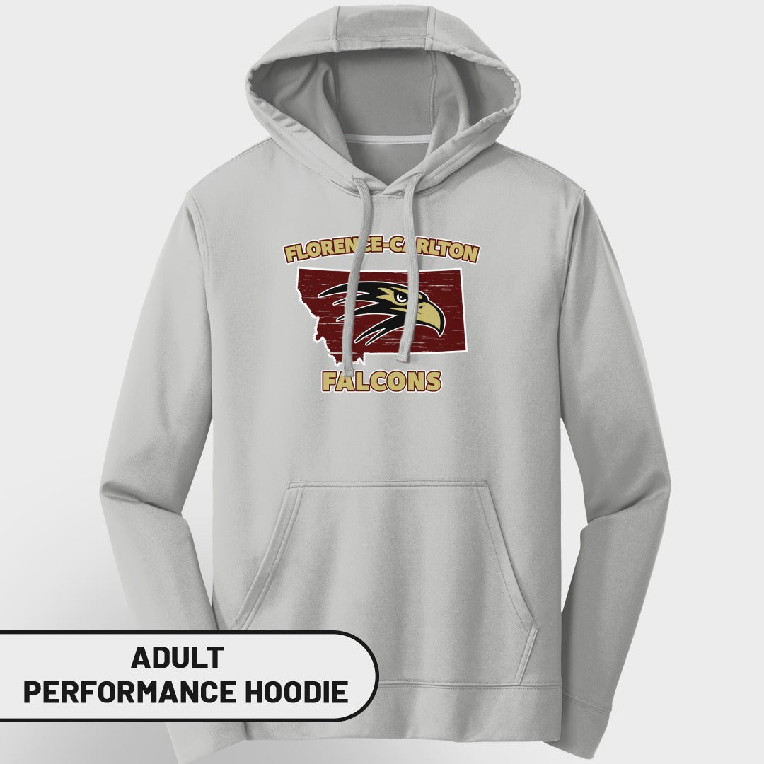 Grey adult performance hoodie with Florence-Carlton Falcons logo on front.