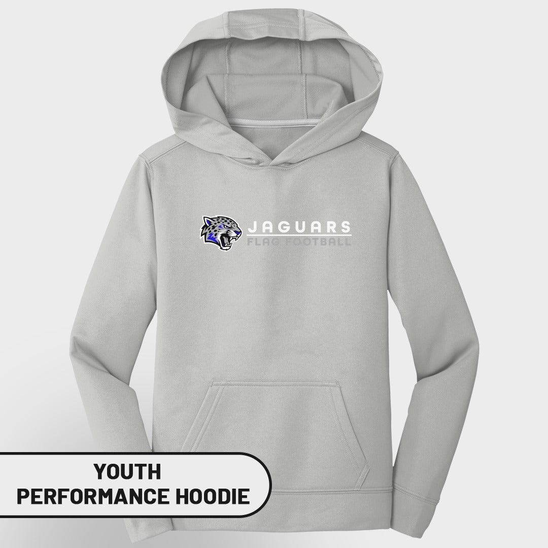 Light grey youth performance hoodie with Jaguars flag football logo and text.