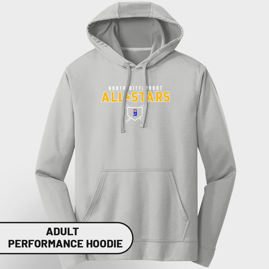Grey adult performance hoodie with "North Braintree All Stars" and baseball graphics.