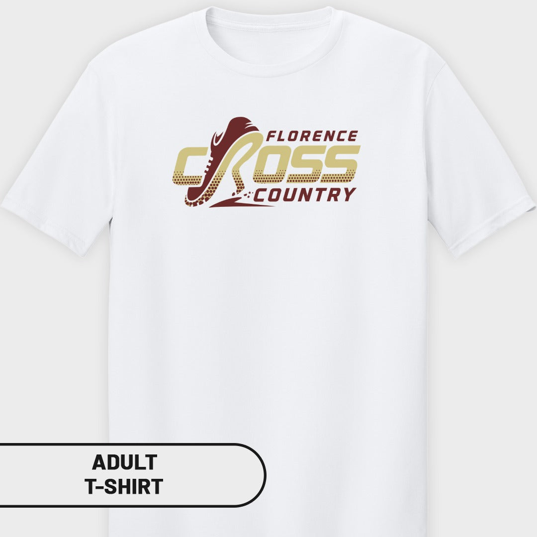 White adult t-shirt with "Florence Cross Country" logo featuring a shoe.