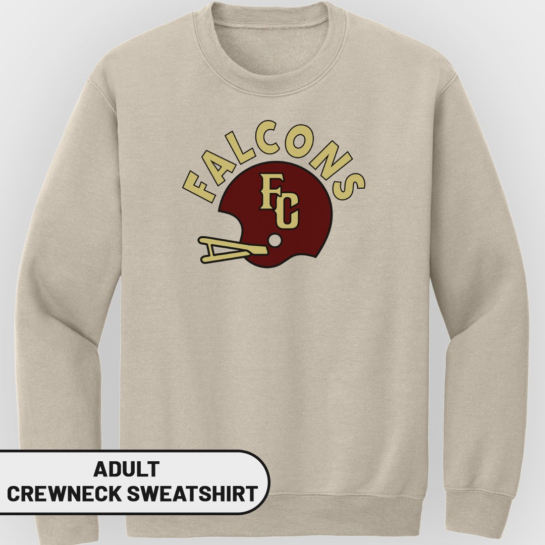 Adult crewneck sweatshirt with maroon Falcons helmet and FC logo.