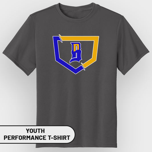 Dark grey youth performance t-shirt with blue and yellow baseball logo.