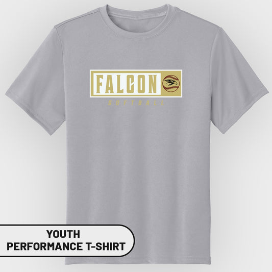 Grey youth performance t-shirt with Falcon Softball logo and falcon graphic.