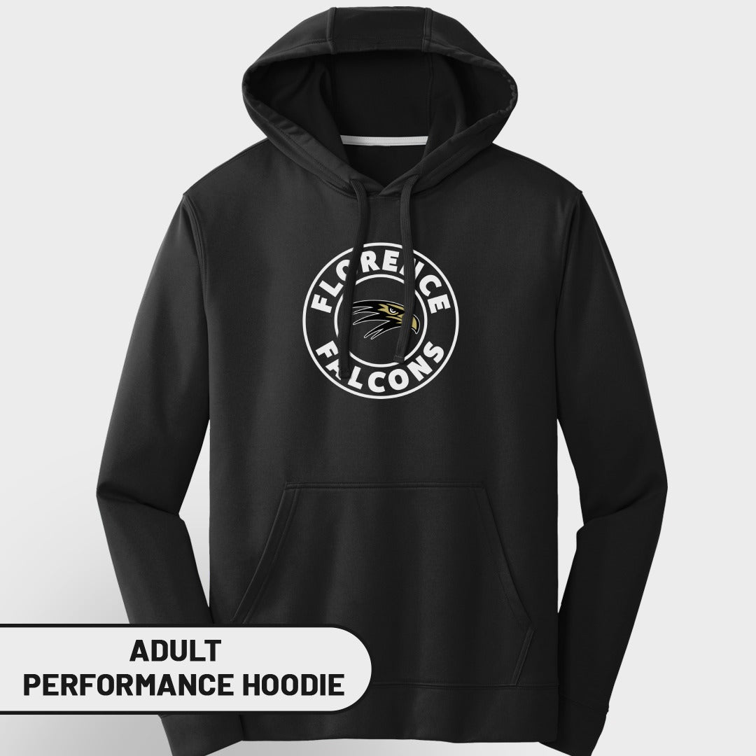 Black adult performance hoodie with Florence Falcons logo on chest.