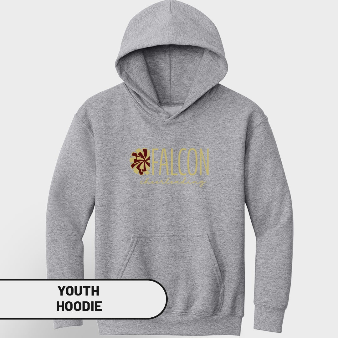 Grey youth hoodie with "FALCON" text and a circular emblem.