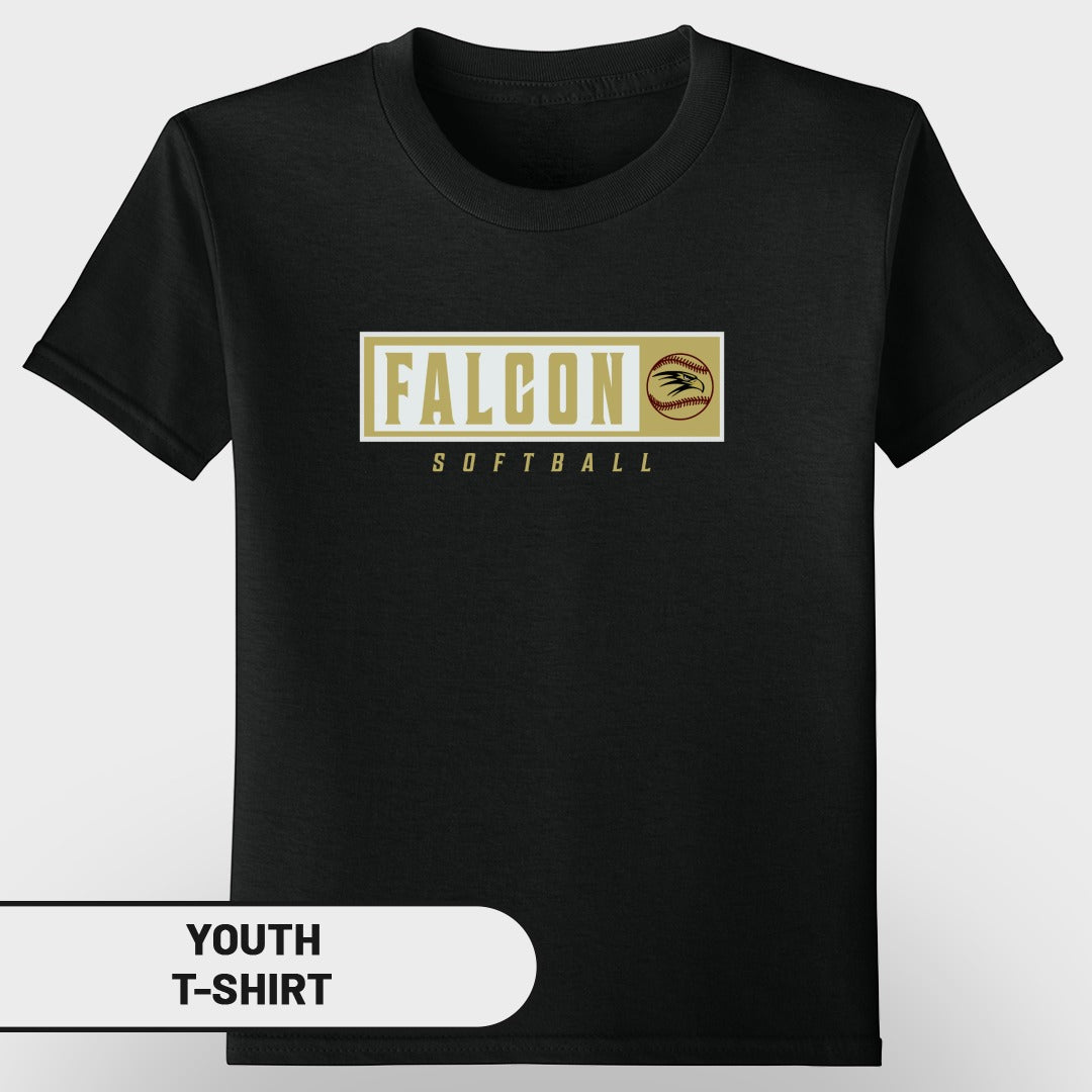 Black youth t-shirt with "FALCON SOFTBALL" graphic and baseball.
