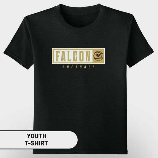 Black youth t-shirt with "FALCON SOFTBALL" graphic and baseball.