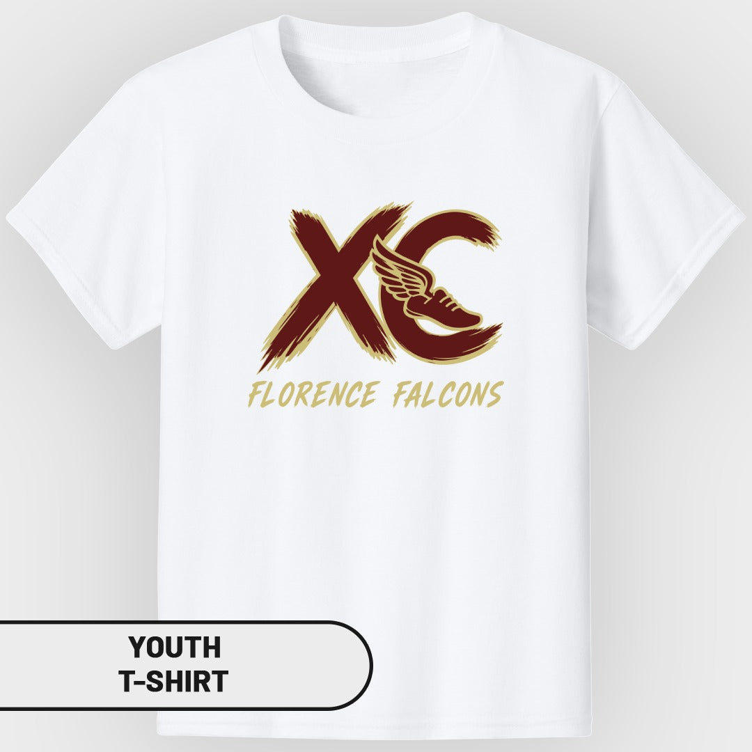 White youth t-shirt with Florence Falcons XC logo and text.