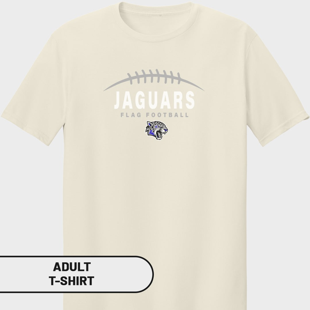 Cream adult t-shirt with Jaguars flag football graphic and jaguar logo.