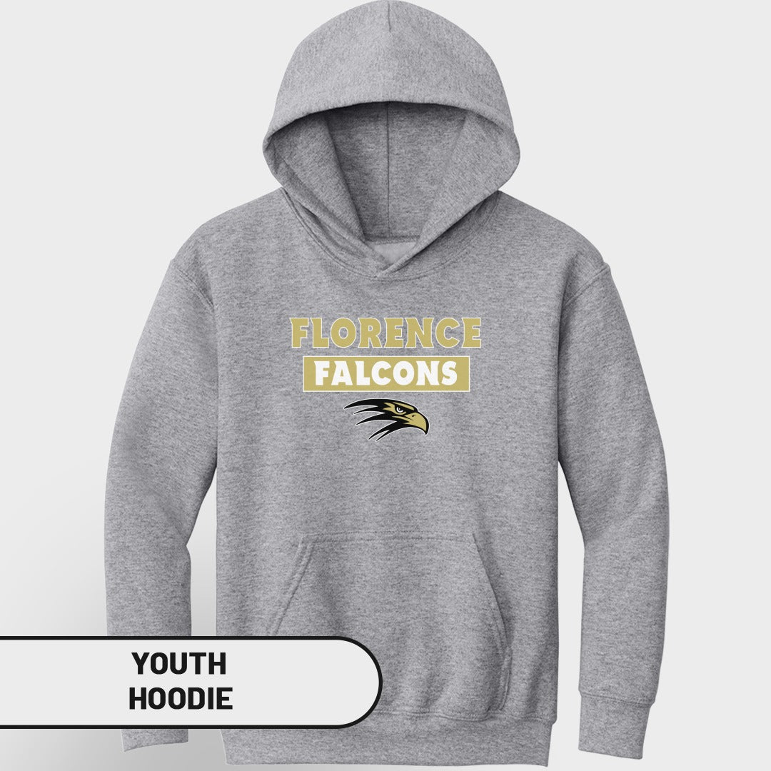 Gray youth hoodie with "Florence Falcons" text and eagle logo.