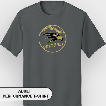 Gray adult performance t-shirt with a gold eagle and "SOFTBALL" graphic.